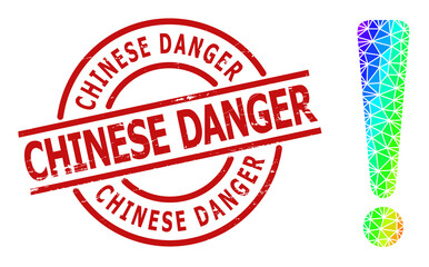 Chinese Danger grunge stamp seal and low-poly spectrum colored exclamation sign icon with gradient. Red stamp seal has CHINESE DANGER title inside circle and lines template.