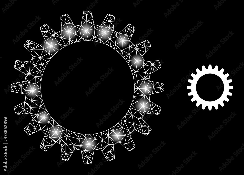 Poster constellation net cogwheel web icon with glitter light spots. illuminated model created from cogwhee
