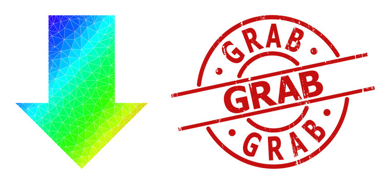 Grab unclean stamp seal, and low-poly spectrum colored fall down arrow icon with gradient. Red stamp seal has GRAB text inside round and lines template.