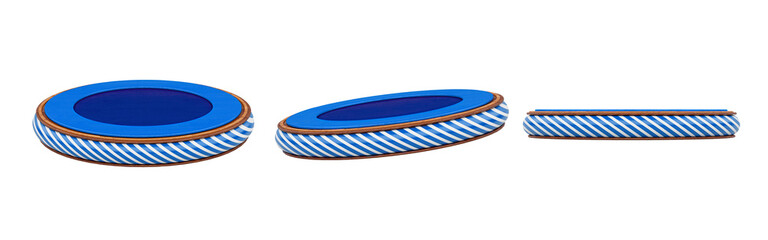 Blue podium with white and red stripes in different perspectives. 3d render illustration.