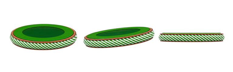 Green podium with white and red stripes in different perspectives. 3d render illustration.