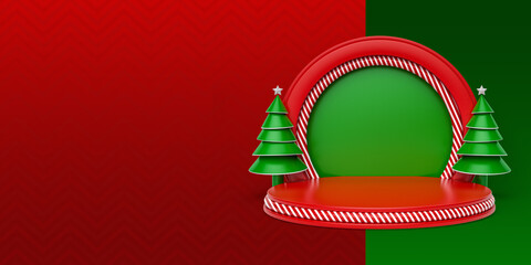 Banner Christmas composition with frame, stage and Christmas tree with red and green background. 3d render illustration.