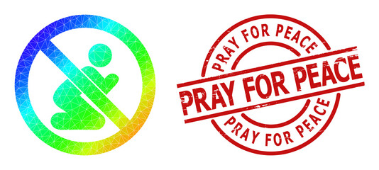 Pray for Peace rubber seal and lowpoly spectrum colored forbid praying man icon with gradient. Red stamp seal has PRAY FOR PEACE title inside round and lines shape.