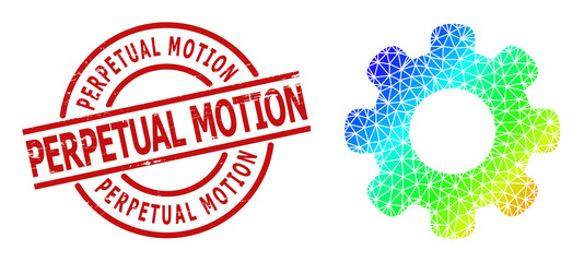 Perpetual Motion corroded stamp, and low-poly spectrum colored gear wheel icon with gradient. Red seal has PERPETUAL MOTION title inside round and lines template.