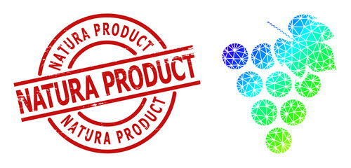 Natura Product rubber stamp imitation, and lowpoly spectral colored grape bunch icon with gradient. Red stamp seal includes Natura Product caption inside round and lines template.