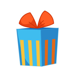 Gift with a bow in a blue striped box. Vector illustration for a holiday in a cartoon children's style. Isolated funny clipart on a white background. Cute print for birthday and holiday.