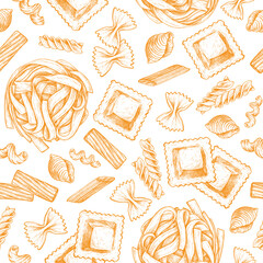 Various pasta seamless pattern. Vector hand drawn illustration in vintage engraved style. Different kind of classic pasta. Background for fabric, wrapping paper, textile, wallpaper