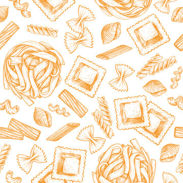 Various pasta seamless pattern. Vector hand drawn illustration in vintage engraved style. Different kind of classic pasta. Background for fabric, wrapping paper, textile, wallpaper