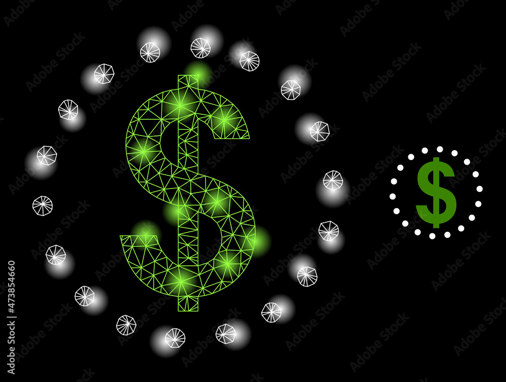 Poster bright network dollar zone web icon with illuminated spots. illuminated model created from dollar zo