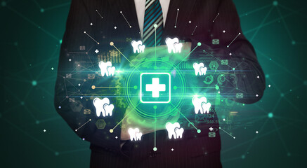 Hand holding healthcare icons concept