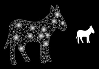 Glare mesh donkey web icon with sparkle spots. Illuminated model generated from donkey vector icon. Sparkle carcass web polygonal donkey, on a black background.