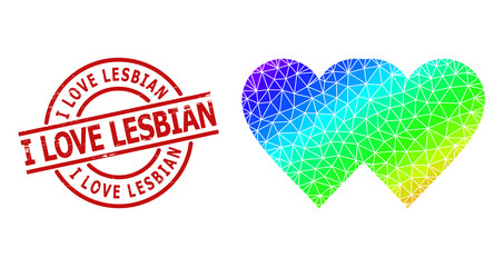 I LOVE LESBIAN grunge stamp seal and lowpoly spectrum colored lovely hearts icon with gradient. Red stamp seal has I Love Lesbian tag inside circle and lines form.