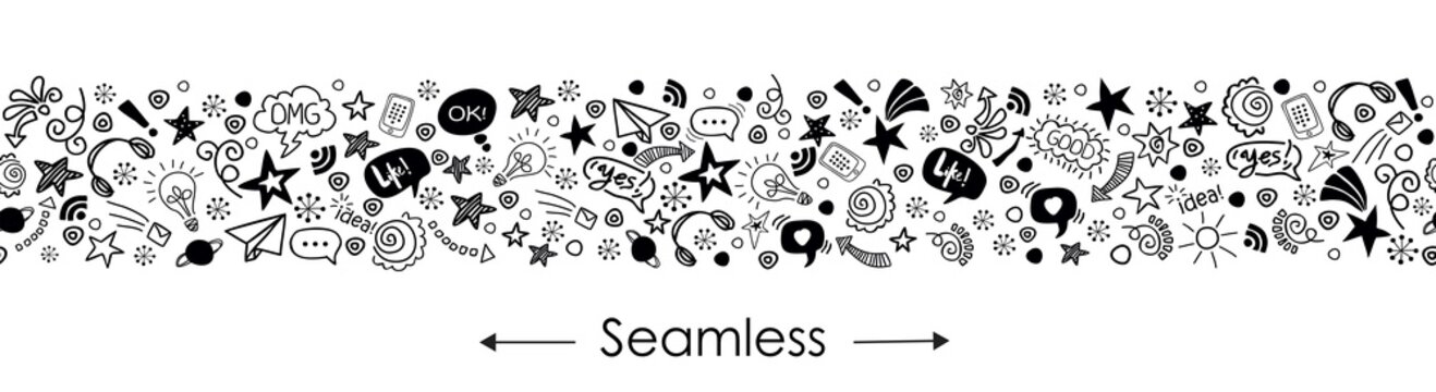 Pattern doodle teens speech in paper art style on black background. Seamless vector graphic modern illustration. Trendy illustration for decoration design.