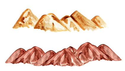 Watercolor mountain landscape and desert dunes of sand. Set of mountains. Natural surfaces. Types of sand, soil, terrains.