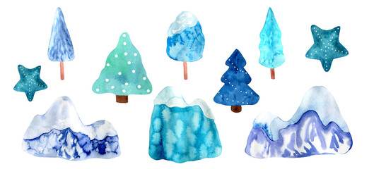 Aquarellset aus blauen Cartoonhügeln, Bergen, Sternen und Bäumen. Handbemalte ClipArt. Designelemente für Kindermuster, saisonales Textil- oder Stoffdesign, Abdeckungen, Verpackungen und Geschenkpapier.