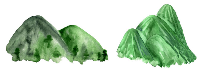 Watercolor green grass on mountains and hills isolated on white. Seasonal green natural mountain landscapes set.