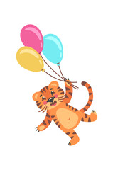 Fototapeta na wymiar Tiger cub with Balloons. Cartoon animal, vector illustration