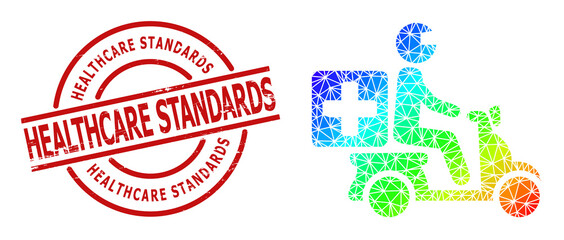 HEALTHCARE STANDARDS rubber badge, and lowpoly rainbow colored medical motorbike icon with gradient. Red stamp includes Healthcare Standards text inside round and lines template.