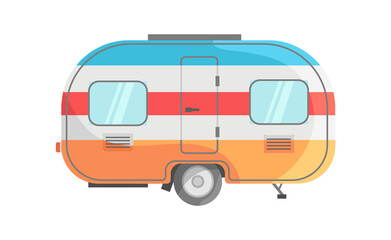 Trailer with multi colored stripes. Print adventure on car for transportation campsite, icon flat vector illustration