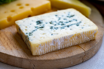 Cheese collection, French fol epi  cheese with many little holes, etorki, tomme noire des pyrenees and ossau iraty cheese