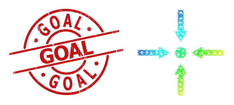 Goal dirty stamp and low-poly rainbow colored meeting point arrows icon with gradient. Red stamp includes Goal text inside round and lines shape.