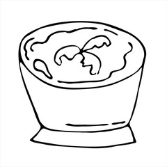 A bowl of soup with greens is a hand-drawn icon with doodles. Vector illustration of a soup sketch for print, internet, mobile devices and infographics, isolated on a white background.