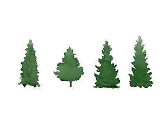 Fototapeta premium Set of isolated spruce, pine, christmas tree. Collection of Christmas decorations, holiday gifts, winter snowflakes background. Colorful watercolor Christmas illustration, Christmas greeting postcard.