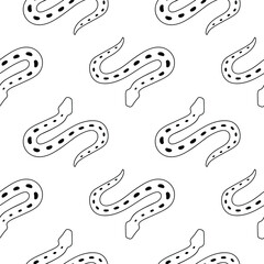 Seamless pattern with snake doodles. Contour image Background with black drawings of a reptile animal. Vector linear serpent ornament, print sample