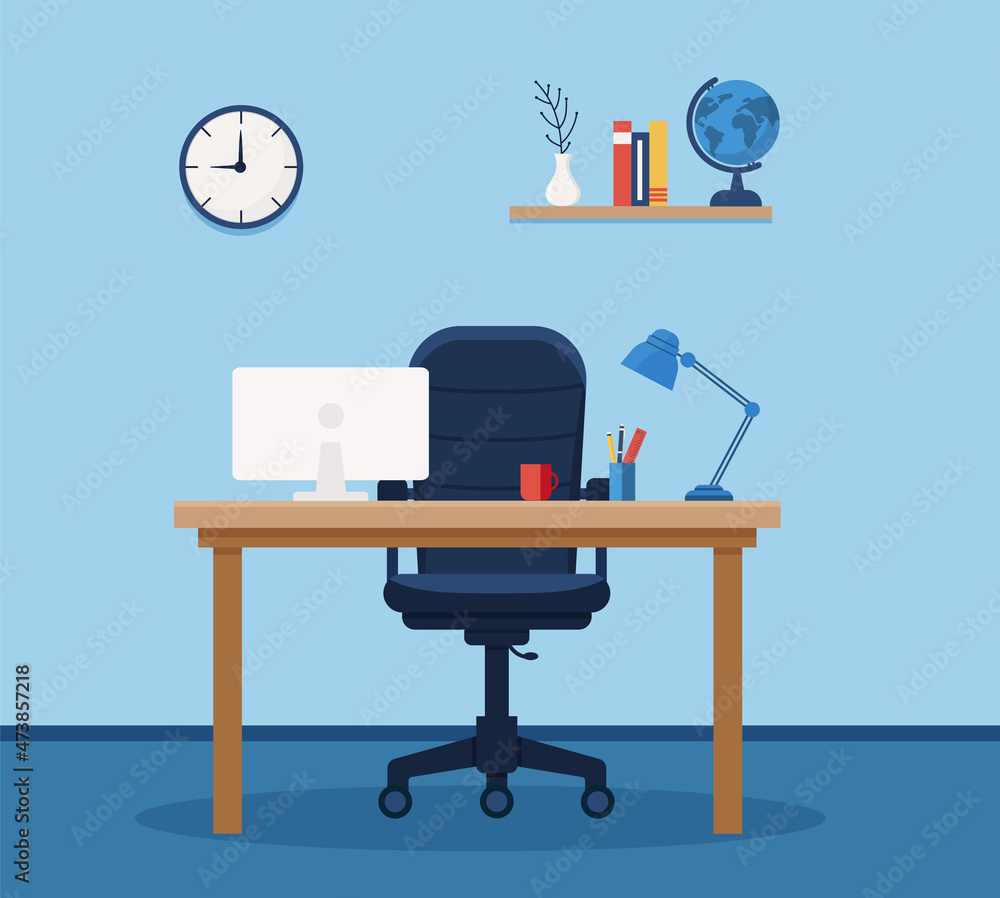 Poster workplace in office. cabinet with workspace with table and computer. concept illustration, flat styl
