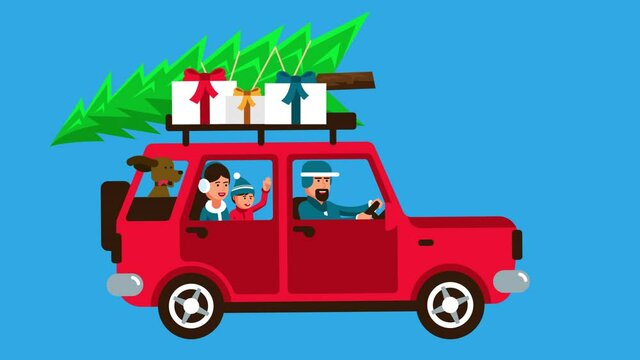 Family is going to the winter holidays with christmas tree on roof rack. Looped video with alpha channel