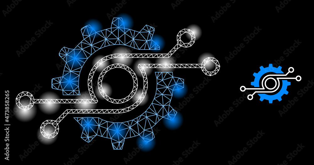 Poster glowing network gear chip web icon with glowing spots. illuminated constellation is done using gear 