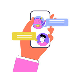 Chat bot. ChatBot communicates with woman. Phone with an application where the chatbot helps a person. Robot helper. Vector illustration