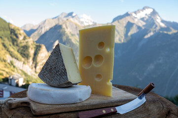 Cheese collection, French emmental, tomme and reblochon de savoie cheeses served outdoor in Savoy...