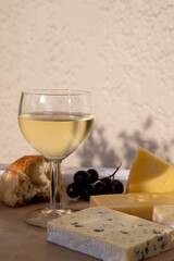 Tasting and pairing of cold white wine with different cheeses in sunny Provence, France