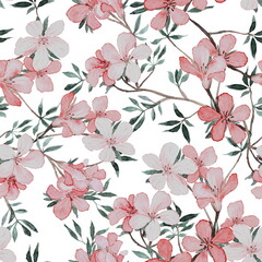 Botanical seamless pattern with hand drawm watercolor sakura branches and flowers. Pink flowers on a white background. Delicate ornament for textile and interior design.