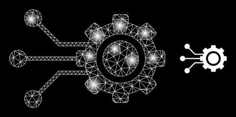 Constellation net gear connectors web icon with sparkle spots. Illuminated constellation created from gear connectors vector icon. Sparkle frame web polygonal gear connectors, on a black background.