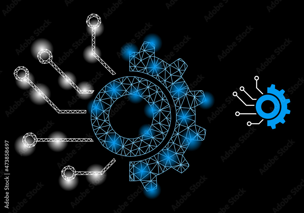 Poster shiny net gear electronic factory web icon with flare spots. illuminated model done from gear electr