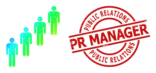 PUBLIC RELATIONS PR MANAGER grunge stamp seal, and low-poly spectral colored people queue icon with gradient. Red stamp seal includes Public Relations Pr Manager caption inside round and lines form.