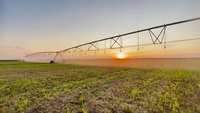 irrigate agriculture. machinery a irrigation farm field. farmer field at sunset watering plants business agricultural. technology irrigation organic spray lifestyle agronomy