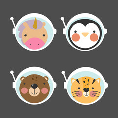 Animals astronauts. Space team cute animal in space suits. Bear, unicorn, tiger, penguin. For kids stuff, card, posters, banners, children books and print for clothes, t shirt, icons, avatars.