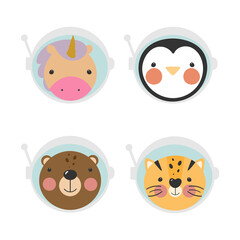 Animals astronauts. Space team cute animal in space suits. Bear, unicorn, tiger, penguin. For kids stuff, card, posters, banners, children books and print for clothes, t shirt, icons, avatars.
