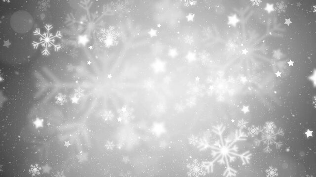 Modern silver snowflakes background with falling glitter snowfall and stars copy space seamless loop animation background.