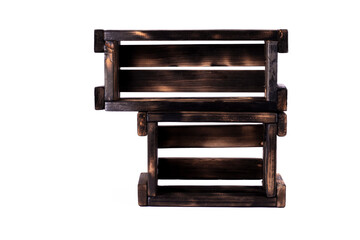Wooden boxes. Handmade empty burned wooden boxes on a white background.