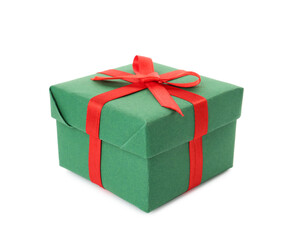 Green gift box with red bow isolated on white