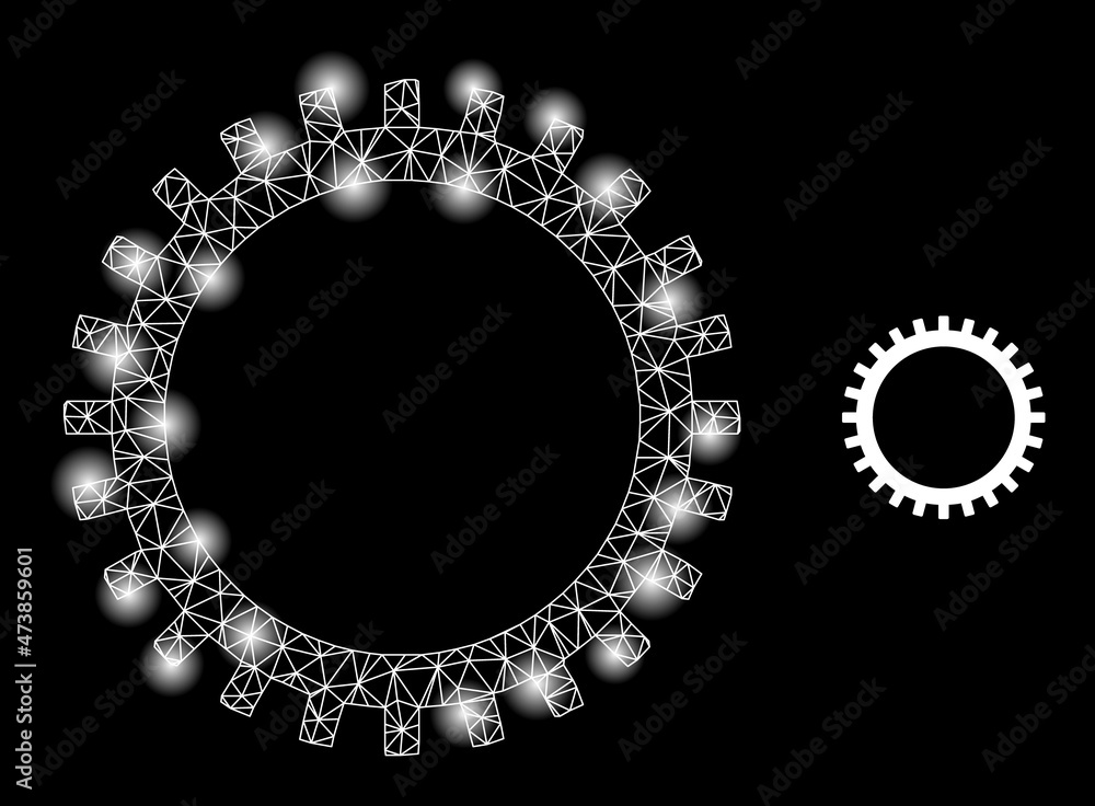 Aufkleber shiny mesh gear web icon with glowing spots. illuminated constellation done using gear vector icon. 