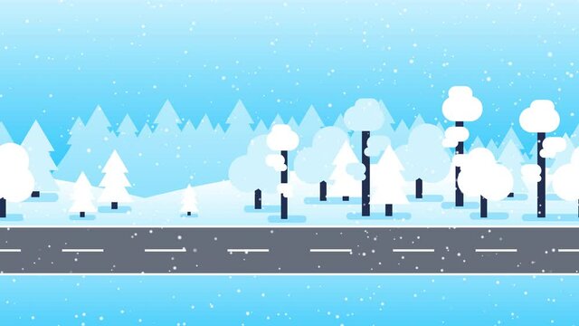 Winter road through the forest during a snowfall. looped animation