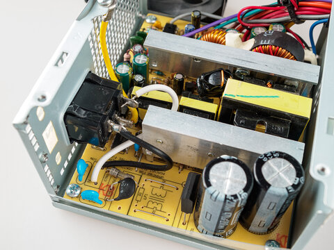 Internal device, computer power supply repair, disassembled PSU, capacitors, electronics, selective focus