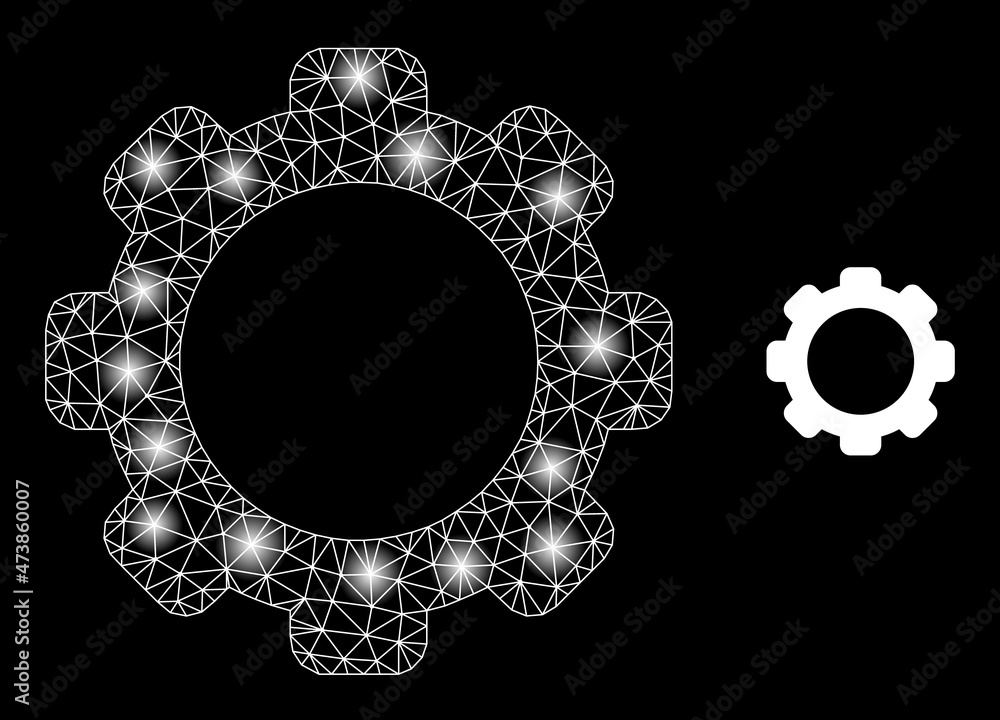 Poster bright mesh gearwheel web icon with illuminated light spots. illuminated model is done from gearwhee
