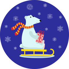 White polar bear sits on a sled with a gift. Winter season, Christmas. Polar Bear Day. Night sky with snowflakes. Vector illustration with isolated background.