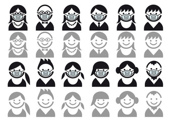 Avatars with medical face mask, user icons, people faces, vector set